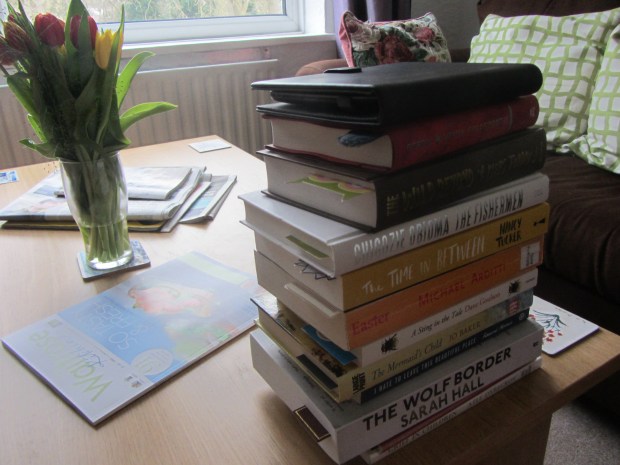 A towering book stack from earlier in the year.