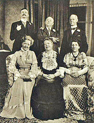 Press photograph of the original 1938 production, showing the three couples in the original cast: (clockwise from top left) Raymond Huntley, Lloyd Pearson, Ernest Butcher, Ethel Coleridge, Muriel George, and Helena Pickard. (Source "The World of the Theatre," Illustrated London News, November 5th, 1938.)