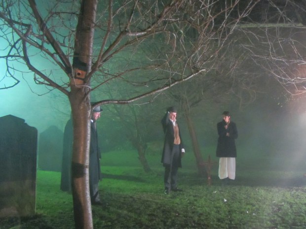York Christmas Carol: stopping for a scene in a graveyard.